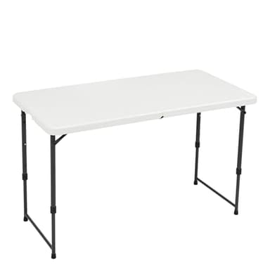 Amazon Basics Portable 4 Foot Rectangular Folding Dining Table, 4 Adjustable Height Settings, Carrying Handle, Indoor & Outdoor, Sturdy for Events, White, 47.8 x 23.9 x 33.9 in