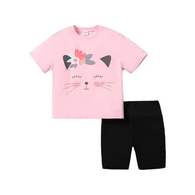 PATPAT Girls Summer Outfits Size 7-8 2Pcs Oversized T Shirt Short Sleeve Top And Pattern Print Biker Shorts Pink Cat Print Set Back To School Outfits For Girls Tween Trendy Clothes Preppy Clothes