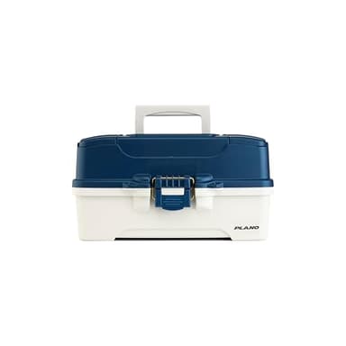Plano Three-Tray Tackle Box, Blue/White, Rust-Proof Brass Latch, Top-Access Tray with Deep Storage, Made in the USA, Portable Fishing Gear Storage Organizer