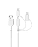 Anker Powerline II 3-in-1 Cable, Lightning/Type C/Micro USB Cable for iPhone, iPad, Huawei, HTC, LG, Samsung Galaxy, Sony Xperia, Android Smartphones, and More(3ft, White)