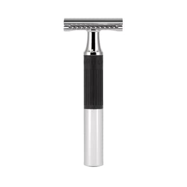 MÜHLE NEO safety razor|double edge safety razor for beginners and experienced shavers|sustainable eco-friendly and reusable|for men and women|chrome with black silicone grip handle