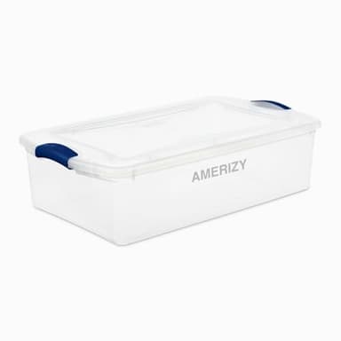 Amerizy 32 Quart Underbed Plastic Storage Bin with Latching Lid – Clear Stackable Container with Blue Handles for Bedroom, Closet, Dorm, or Seasonal Organization