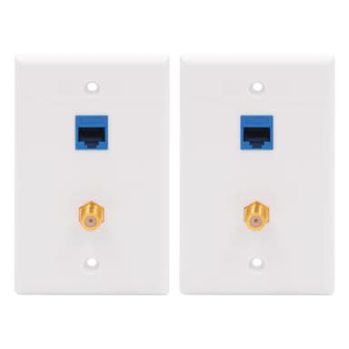VCE Ethernet Coax Wall Plate (UL Listed), 2-Port Coax and Ethernet Wall Outlet with CAT6 Keystone Coupler and 3GHz Gold Plated Coaxial Keystone Jack Insert, Blue 2-Pack