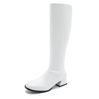 Enelauge Gogo Boots for Women Square Toe Chunky Knee High Boots Side Zipper Boot Disco Costumes Party Boots White 38-7.5US