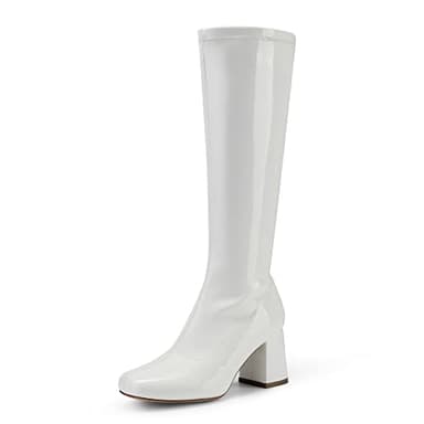 DREAM PAIRS Women's Gogo Boots Square Toe Chunky Wide Calf Knee High Boots,Size 8,White/Patent/Pu,SDKB2231W