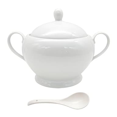 REANRO Porcelain Soup Tureen with Lid and Ladle Set, Double-Ear Covered Tureen Classic Serving Bowl for Soups, White