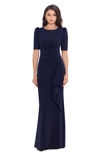 Xscape Women's 3/4 Sleeve Long Scuba Dress with Side Ruching, Midnight, 12