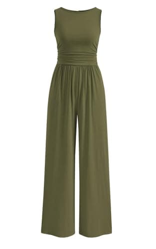 PRETTYGARDEN One Piece Jumpsuits for Women Dressy Casual Sleeveless Crewneck Wide Leg Rompers Jumpers 2026 Vacation Summer Outfits(Army Green, S)