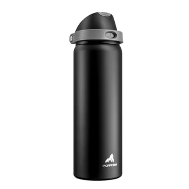 POWCAN 32 oz Stainless Steel Water Bottle for Sports: One-hand Push Button Lid, Leakproof, Keep Cold 24Hrs, Stainless Steel Cup with Straw for Camping, Outdoors, Workout, Travel (Midnight Black)