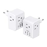 2 Pack European Travel Plug Adapter, International Power Adapter with 3 Outlets 3 USB Charging Ports(1 USB C), Type C Plug Adapter Travel Essentials to Most Europe EU Spain Italy France Germany