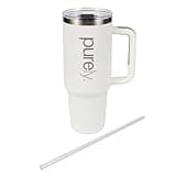 PURELY 40 oz Ceramic Lined Insulated Tumbler with Handle, Leak Resistant 2-way Lid and Straw, Ceramic Lined Travel Mug (White, 40oz)