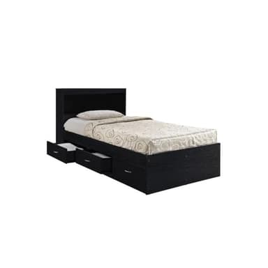 Pemberly Row Twin Captain Storage Bed with Bookcase Headboard, 3 Drawers, 84.5” L x 41.4” W x 35” H, No Box Spring Required, Black
