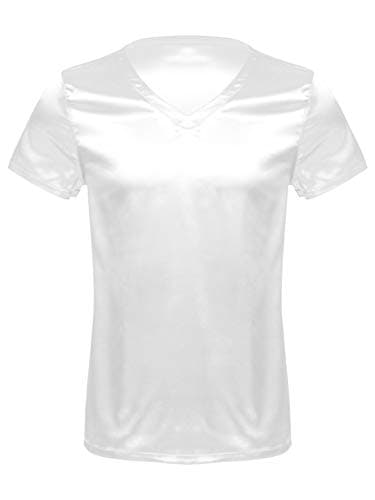 LiiYii Mens Satin V Neck Short Sleeve T-Shirt Loose Pajamas Undershirts Nightwear White XX-Large
