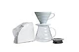 Hario V60 Coffee Pour Over Kit Bundle Set - Comes with Ceramic Dripper, Range Server Glass Pot, Measuring Spoon, and 100 Count Package of Hario 02W Coffee Filters