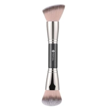 TEOYALL Dual-Ended Foundation Blending Brush, Flat Angled Kabuki and Domed Cheek Synthetic Bristles for Liquid Cream Powder