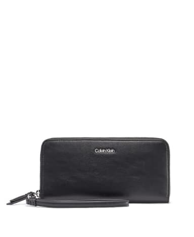 Calvin Klein Key Item Saffiano Continental Zip Around Wallet with Wristlet Strap, Black/Silver Combo, One Size