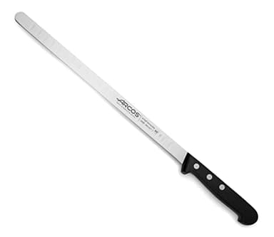 Arcos Salmon Knife/Fish Knife 11 Inch Nitrum Stainless Steel and 290 mm blade. Ergonomic Polyoxymethylene POM Handle. Series Universal. Long, sturdy blade and serrated edge. Easily cuts. Color Black