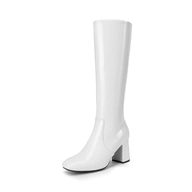 DREAM PAIRS Women's Gogo Boots Square Toe Side Zipper Chunky Heel Knee High Boots For Women,Size 7,White,DWUMKB2517