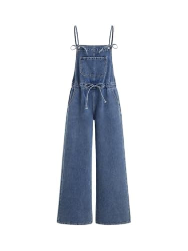 CIDER Denim Overalls for Women Loose Fit Bowknot Drawstring Wide Leg Jean Overalls with Adjustable Straps: Mid Blue, L