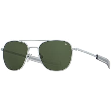 AO Original Pilot Sunglasses - Matte Silver - Calobar Green SkyMaster Glass Lenses - Bayonet Temple - 55-20-140