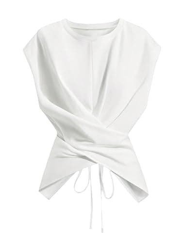 Verdusa Women's Cinched Waist Wrap Top Cap Sleeve Tie Back Going Out Workout Business Casual Tops White X-Large