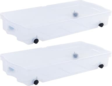 Rubbermaid 70 Quart Under the Bed Low Profile Storage Boxes with Dual Hinged Lids and Easy Rolling Caster Wheels, Clear, 2 Pack