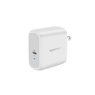 Amazon Basics 65W One-Port GaN USB-C Wall Charger with Power Delivery PD, Foldable Plug, Portable, Fast Charging for Laptops, Tablets & Phones, White
