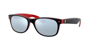 Ray-Ban Unisex RB2132M Scuderia Ferrari Collection Square Sunglasses, Matte Black On Red/Light Green Mirrored Silver, 55 mm