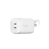 Belkin 65W Dual USB-C Wall Charger, Fast Charging Power Delivery 3.0 w/ GaN Technology for iPhone 16, 15, 14, 13, Pro, Pro Max, Plus, Mini, iPad, MacBook, Galaxy S25 Ultra, Galaxy S24, & More - White