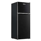 Upstreman 4.0 Cu.Ft. Mini Fridge with Freezer, Dorm Essentials, Double Door Small Refrigerator for Office, Dorm, Bedroom, Adjustable Thermostat, Large Capacity, Black-BR401