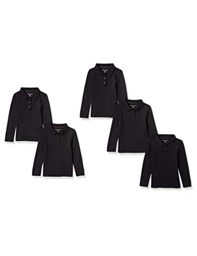 Amazon Essentials Girls' Long-Sleeve Interlock Polo Shirts, Pack of 5, Black, Small
