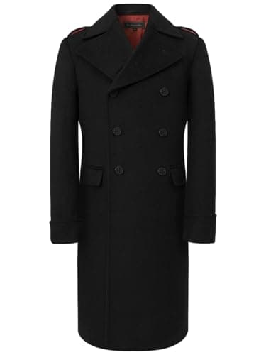 The Platinum Tailor Mens Black Overcoat Wool & Cashmere Great Coat Long Double Breasted Heavy Warm Winter (US, Numeric, 46, Regular, Regular, Black - Red Lining)