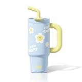 SDGA+ 40 OZ Stainless Steel Tumbler with Handle, Metal Water Bottle with Lid and Straw, Resuable Ceramic Lined Coffee Travel Mug, Insulated Spill Proof Cup with Lid for Women, Blue Sunflower