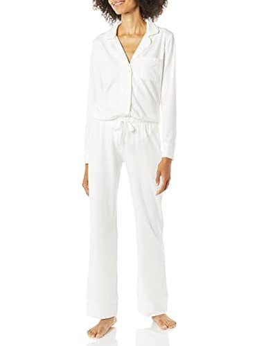 Amazon Essentials Women's Long Sleeve Cotton Modal Pajama Set, Loungewear with Full-Length Bottom, White, X-Large