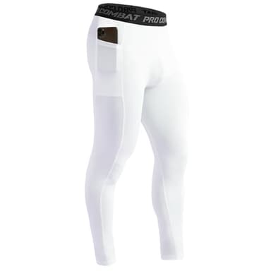 HYCOPROT Men's Compression Pants with Pockets, Athletic Leggings Baselayer Workout Tights for Running Yoga Gym Basketball White