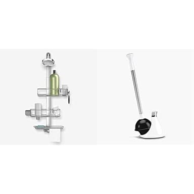 simplehuman Adjustable and Extendable Shower Caddy Plus, Stainless Steel and Anodized Aluminum & Toilet Plunger and Caddy, Stainless Steel, White