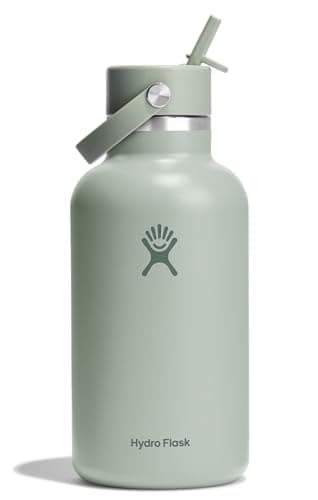 Hydro Flask Water Bottle - Insulated Stainless Steel - Wide Mouth Flex Straw Lid, Non Spill, Leakproof and Refillable in 64 Oz Tonal Agave