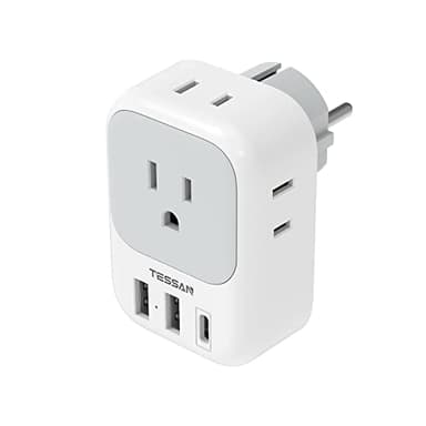TESSAN Type E F Plug Adapter, Germany France Power Adapter with 3 USB Ports(1 USB C), 4 AC Outlets Travel Adaptor for US to Europe EU Spain Iceland Korea Greece Russia German French