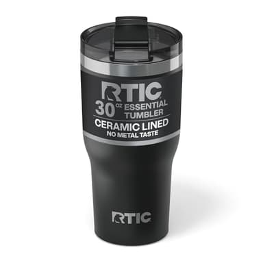 RTIC 30oz Essential Tumbler with Lid, Ceramic Lined, Insulated, Stainless Steel, Metal, Double Wall Vacuum-Insulation, Travel Cup for Iced Coffee, Tea, Hot and Cold Drink, Black