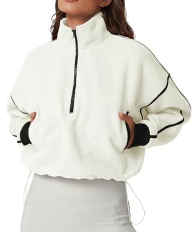 QINSEN Women Sherpa Coat Half Zip Long Sleeve Baggy Short Jacket Mock Neck Fleece Outwear Beige M