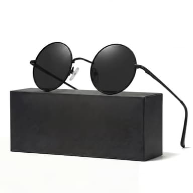 tanmigot Retro Round Sunglasses for Men Women,Polarized UV400 Protection Sunglasses, Vintage Hippie Circle Sun Glasses for Daily Outfits Driving Beach Travel,Black Frame Black Lenses