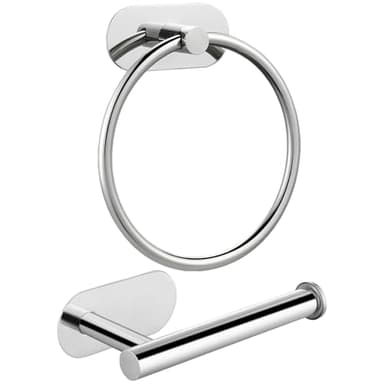 Self Adhesive Towel Ring and Toilet Paper Holder, No Drilling Stainless Steel Bathroom Hardware Set, Sturdy Bathroom Accessories for Home or Kitchen, Wall Mounted (Chrome)