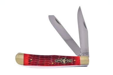 German Bull Brand Pocket Knife 010RPB Large Trapper Red Bone Handle German Stainless Steel Blades Closed 5.25
