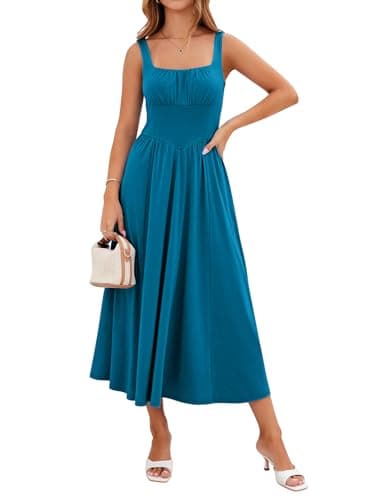 YIOYOLA Sundress for Women Casual Summer Dress for Women Cottagecore Drop Waist Formal Sleeveless Midi Dresses with Pockets(YYL645-Teal Blue,M)