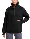CRZ YOGA Womens Fleece Lined Sweatshirts Half Zip Funnel Neck Pullover Long Sleeve Hip Oversized Hoodies with Thumb Holes Black Medium