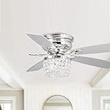 Low Profile Ceiling Fans with Lights and Remote 52 Inch Flush Mount Ceiling Fan with Chandelier Light for Bedroom Living Room Crystal Decor, Reversible 5 Blades, Ventilador de Techo, Chrome