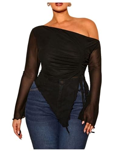 RoseSeek Women's Plus Size Sheer Mesh Off Shoulder Tops Long Sleeve Drawstring Asymmetrical Hem Ruched T Shirt Black X-Large Plus