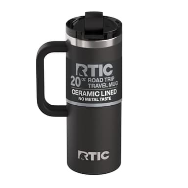 RTIC 20oz Road Trip Travel Mug with Lid and Handle, Ceramic Lined, Insulated, Stainless Steel, Metal, Double Wall Vacuum-Insulation, Portable Coffee, Tea Cup for Hot and Cold Drink, Black