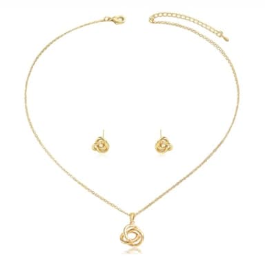 Hebelee Minimalist Love Knot Stud Earrings and Necklace Jewelry Set for Women Gold-Toned Simple Circle Knot Pendant Necklaces Adjustable Link Chain Dainty Studs Earring for Wedding Anniversary