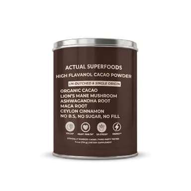 Actual Superfoods High Flavanol Cacao Powder Blend - Flavanols & Flavanoids - Organic Coffee Alternative with Lions Mane, Ashwagandha, Maca & Ceylon Cinnamon - 7.4 ounces - Morning Focus & Energy Ritual